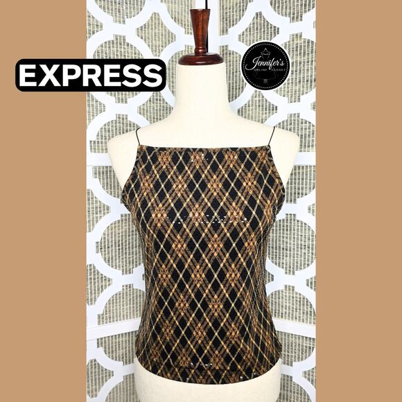Express NWT Black/Gold/Brown Argyle Sequin Shimmer Tank Top Size Medium - Picture 1 of 13